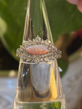 Pink Opal Marquise Halo Ring with Sparkling Accents